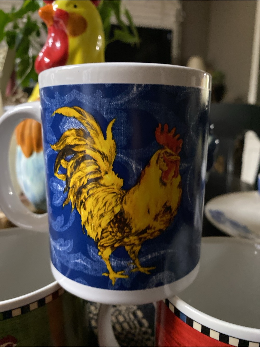 6 SOLD Rooster Themed Ceramic Set of 6 Mugs- Red and Blue - Picture 11 of 13